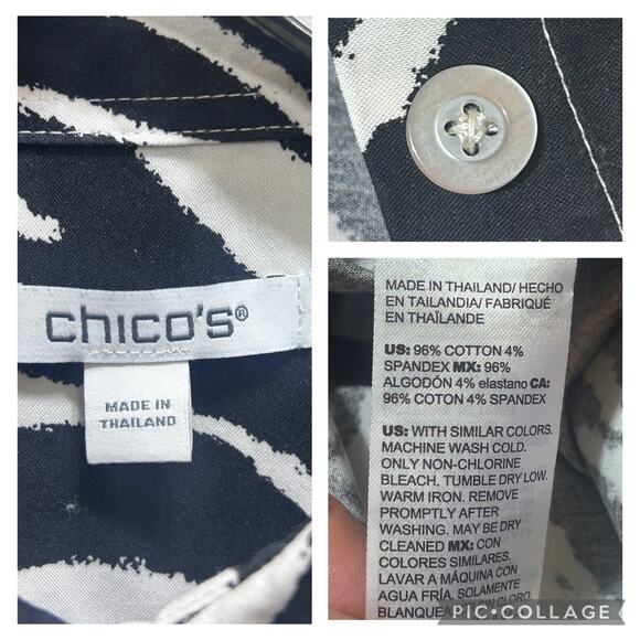 Chico's Animal Print Button Front Shirt Size 2 US 12 Black White Casual Travel - Picture 3 of 6